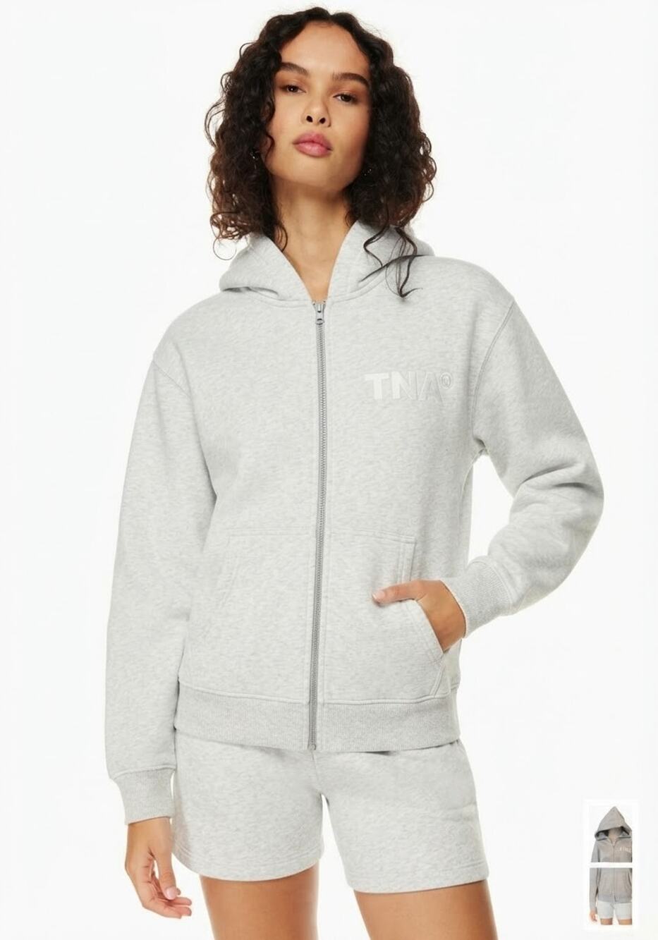 Aritzia Tna Cozy Sweatfleece Zip Hoodie M Gray Logo Quiet Luxury Lounge